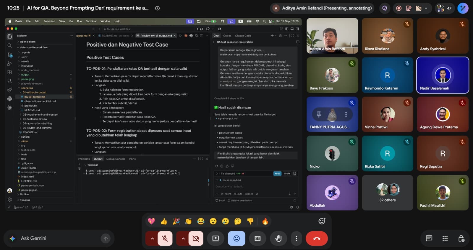 Aditya Amin Refandi mendemonstrasikan pembuatan test case dengan bantuan AI dalam webinar