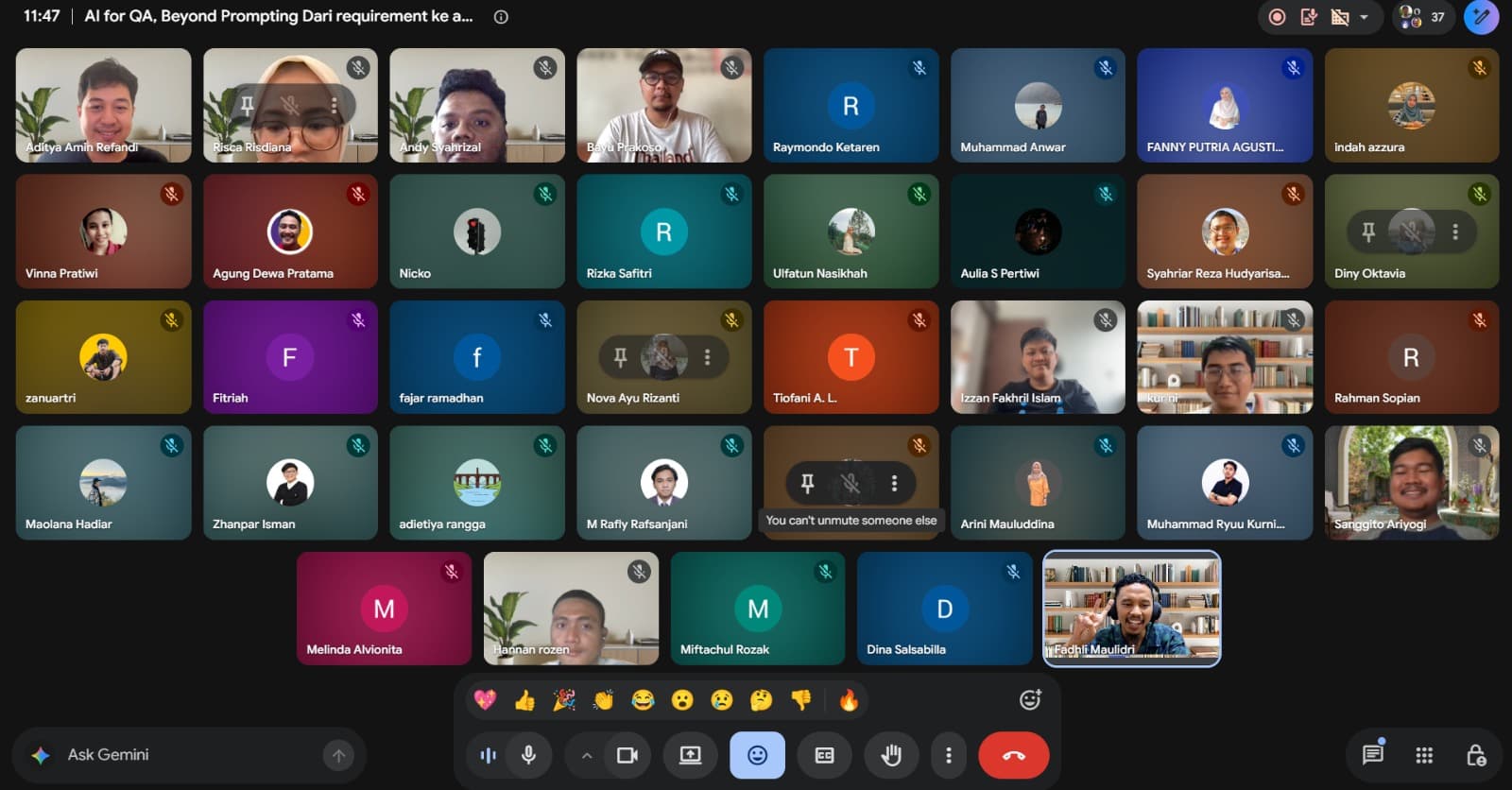 Suasana pertemuan online bersama pembicara dan peserta webinar AI for QA, Beyond Prompting