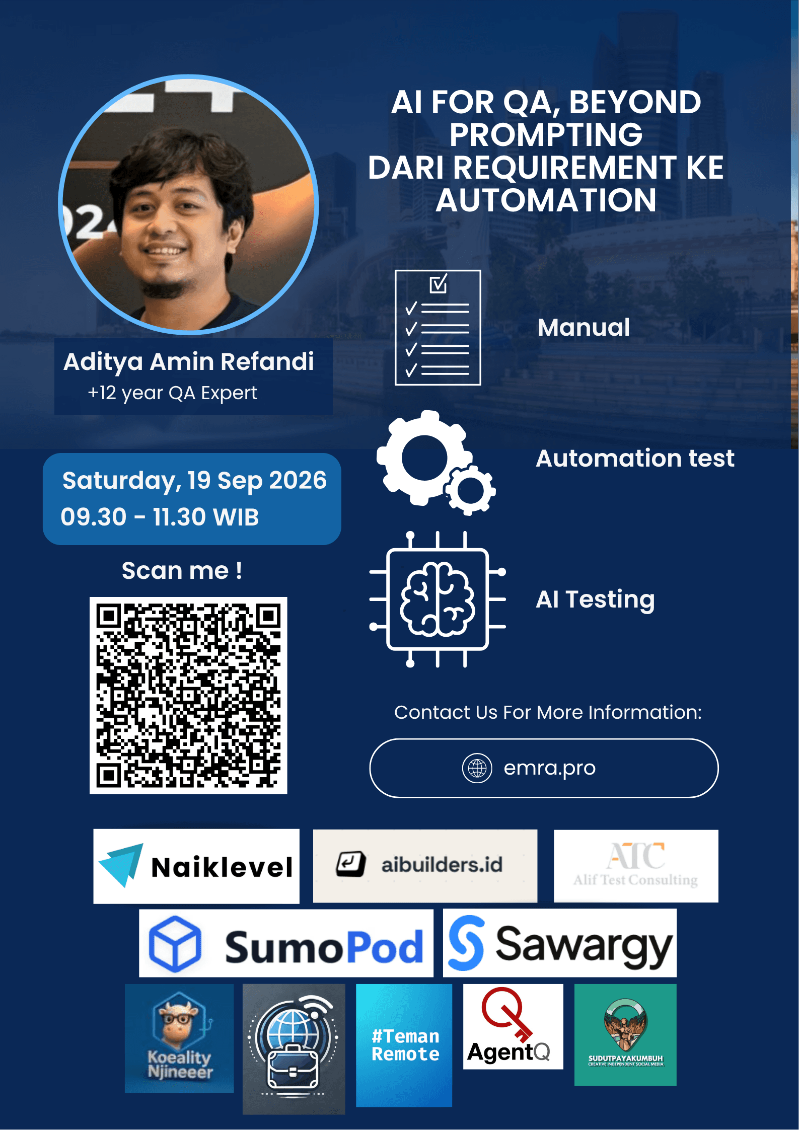 Poster resmi AI for QA, Beyond Prompting: Dari Requirement ke Automation, bersama Aditya Amin Refandi, 19 September 2026 pukul 09.30–11.30 WIB