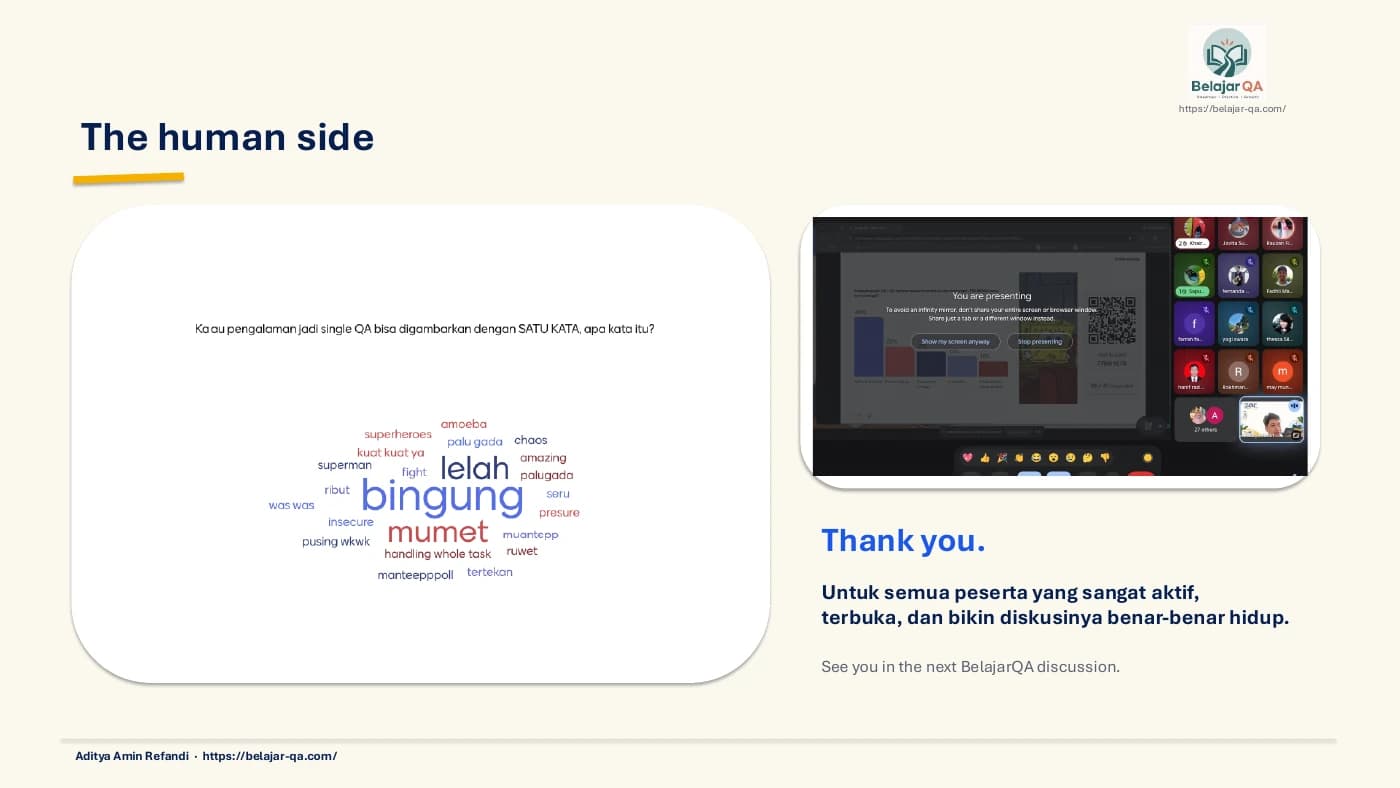 Slide The human side: word cloud pengalaman peserta dengan kata bingung, lelah, dan mumet, serta cuplikan diskusi online