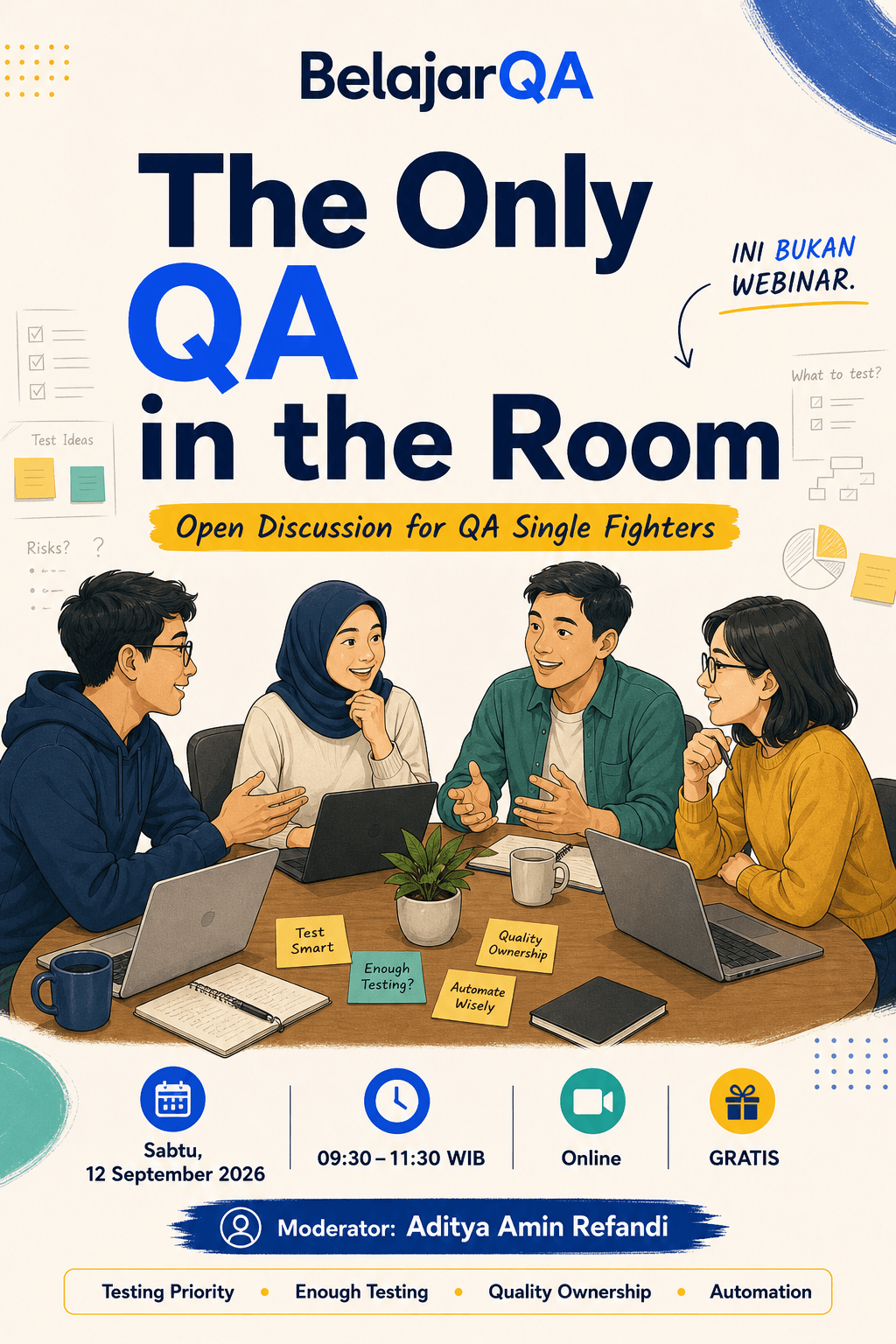 Poster resmi The Only QA in the Room dengan informasi jadwal dan moderator Aditya Amin Refandi