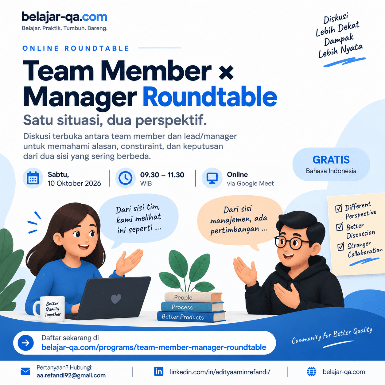 Poster Team Member × Manager Roundtable dengan ilustrasi dua orang bertukar perspektif di meja diskusi