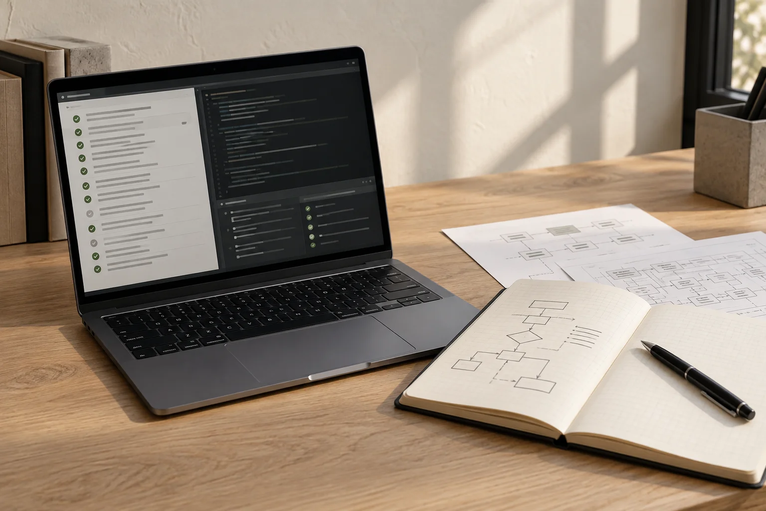Meja kerja QA dengan laptop, catatan testing, dan diagram alur